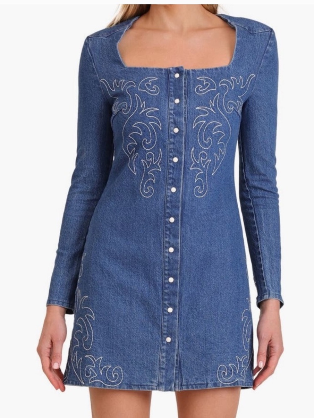 Avec Les Filles Embroidered Denim Mini Dress Western Snap Front Size 4 NWT
